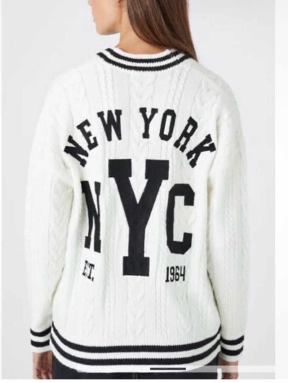 Forever 21 White Cable-Knit Varsity Jacket with Black Lettering